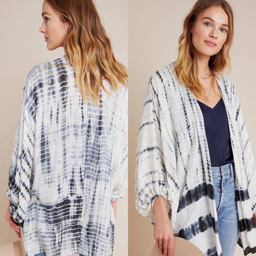 Anthropologie Vada Shimmer Tie Dye Cocoon Kimono Blue White Gold Hippie Boho OS
